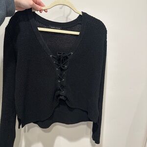 Black Lace-Up Knit Sweater